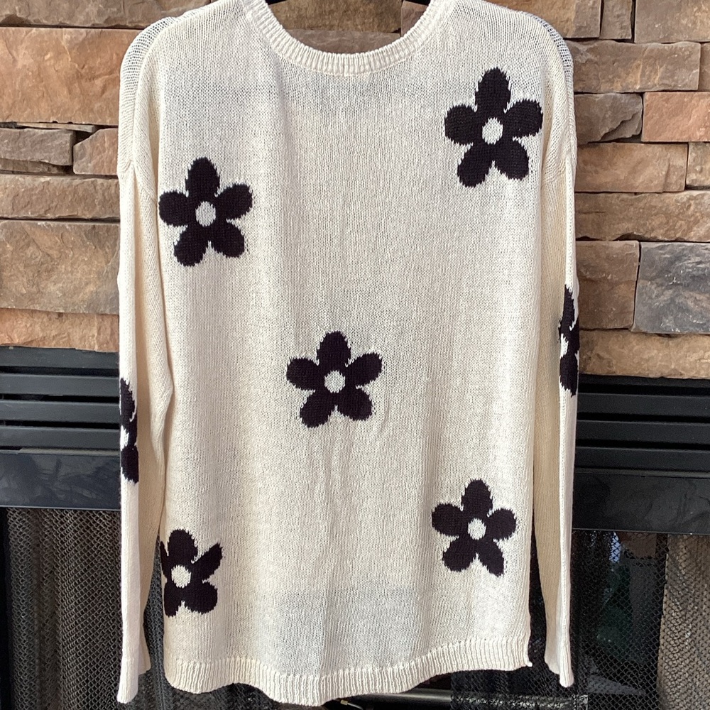 Garage Cream Sweater with Black Flowers loose knit lightweight L - Picture 2 of 5